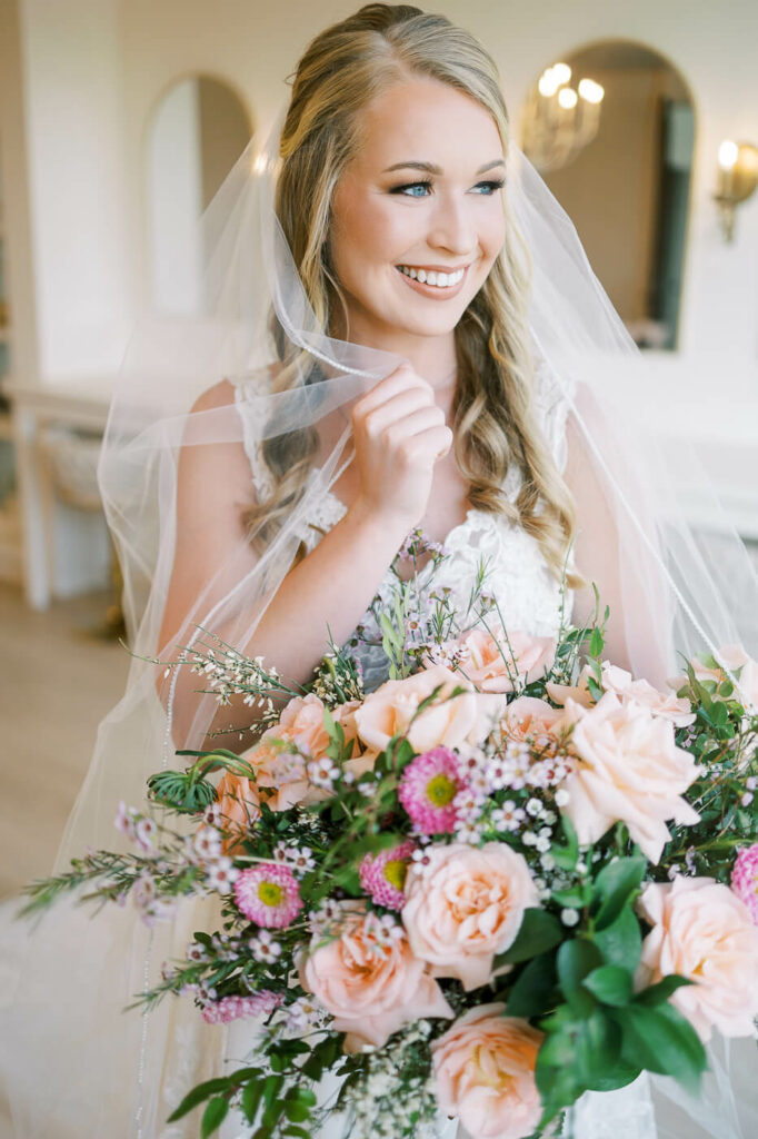 bridal portrait with colorful flowers